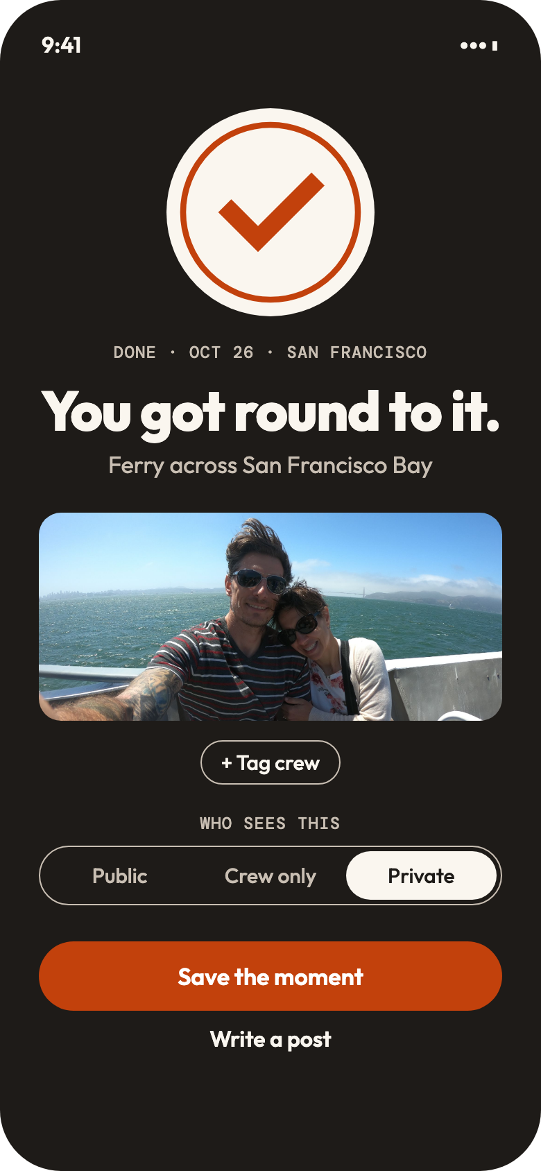 A Done moment for a ferry ride across San Francisco Bay, with a photo of a couple on deck.