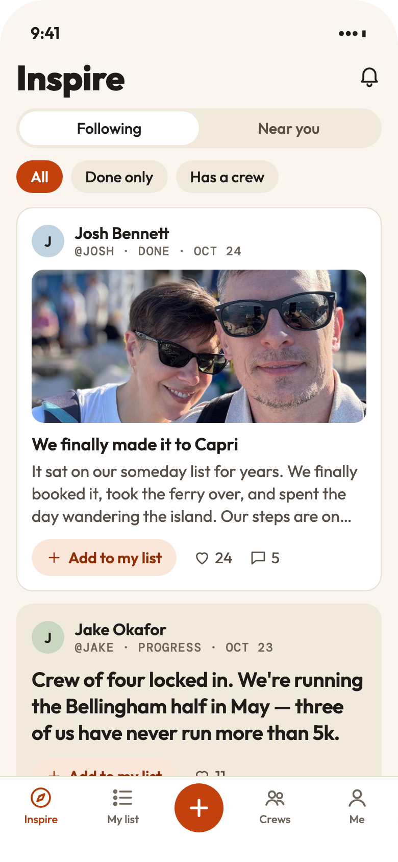 The Inspire feed, showing a Done post from a couple who finally made it to Capri.