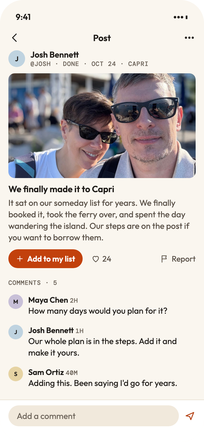 A post about a trip to Capri, with an Add to my list button and comments.