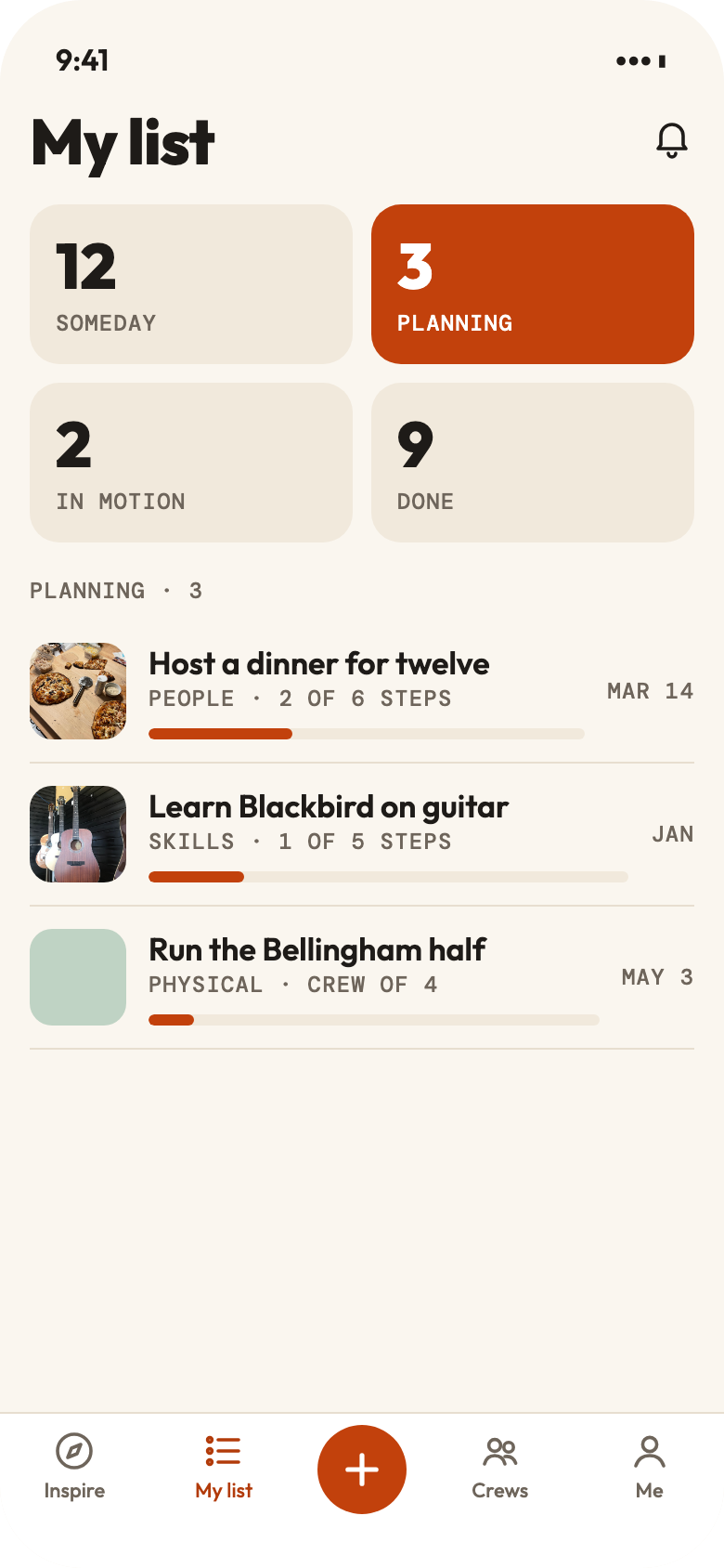 My list in Roundtuit, with items sorted into Someday, Planning, In motion and Done.