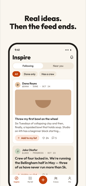 Real ideas, then the feed ends: the Inspire feed